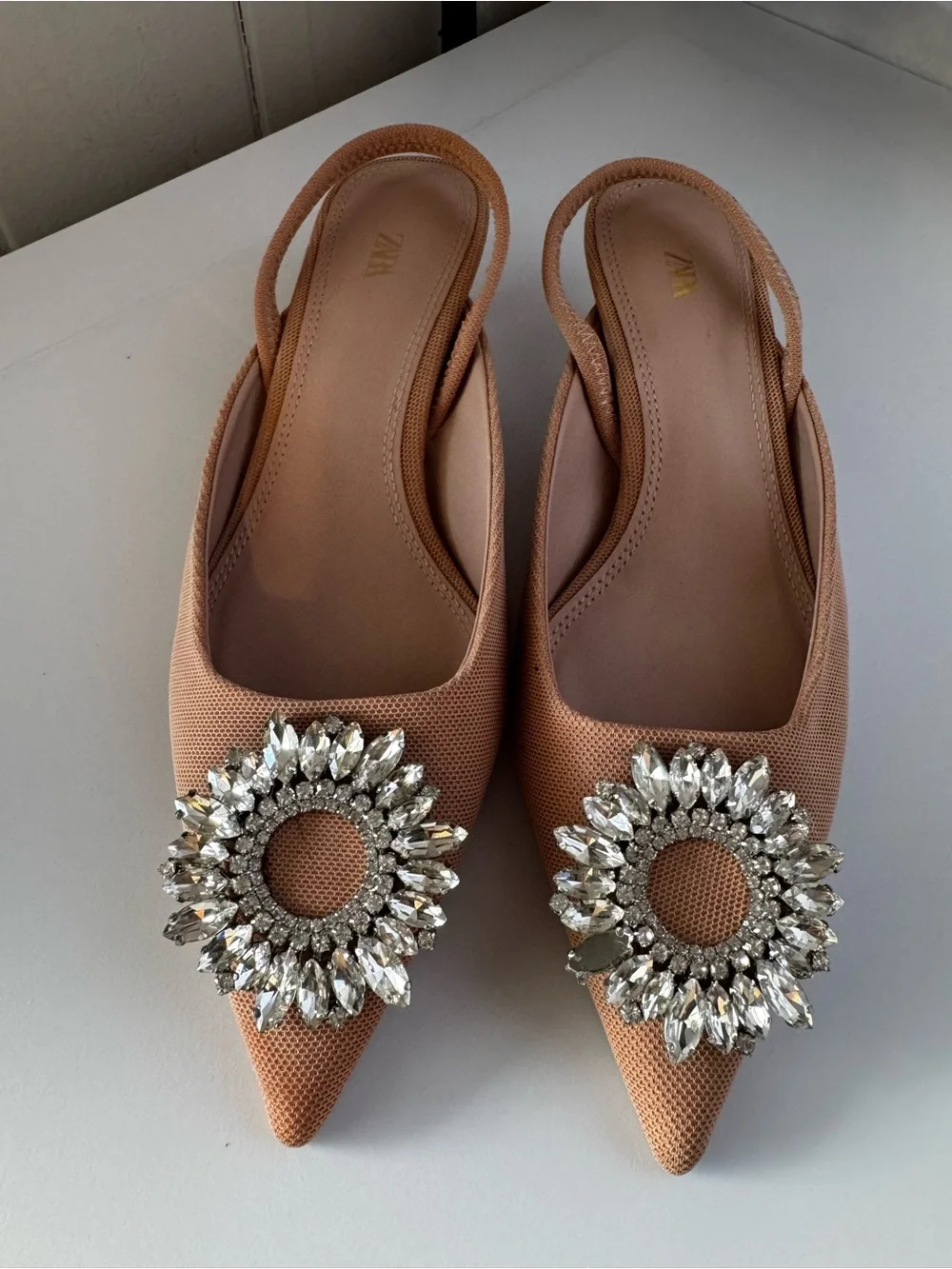 Zara Embellished Slingback with kitten heels in Tan